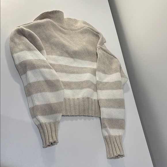 Quince Tan and White V-Neck Sweater with Stripes - Picture 5 of 5